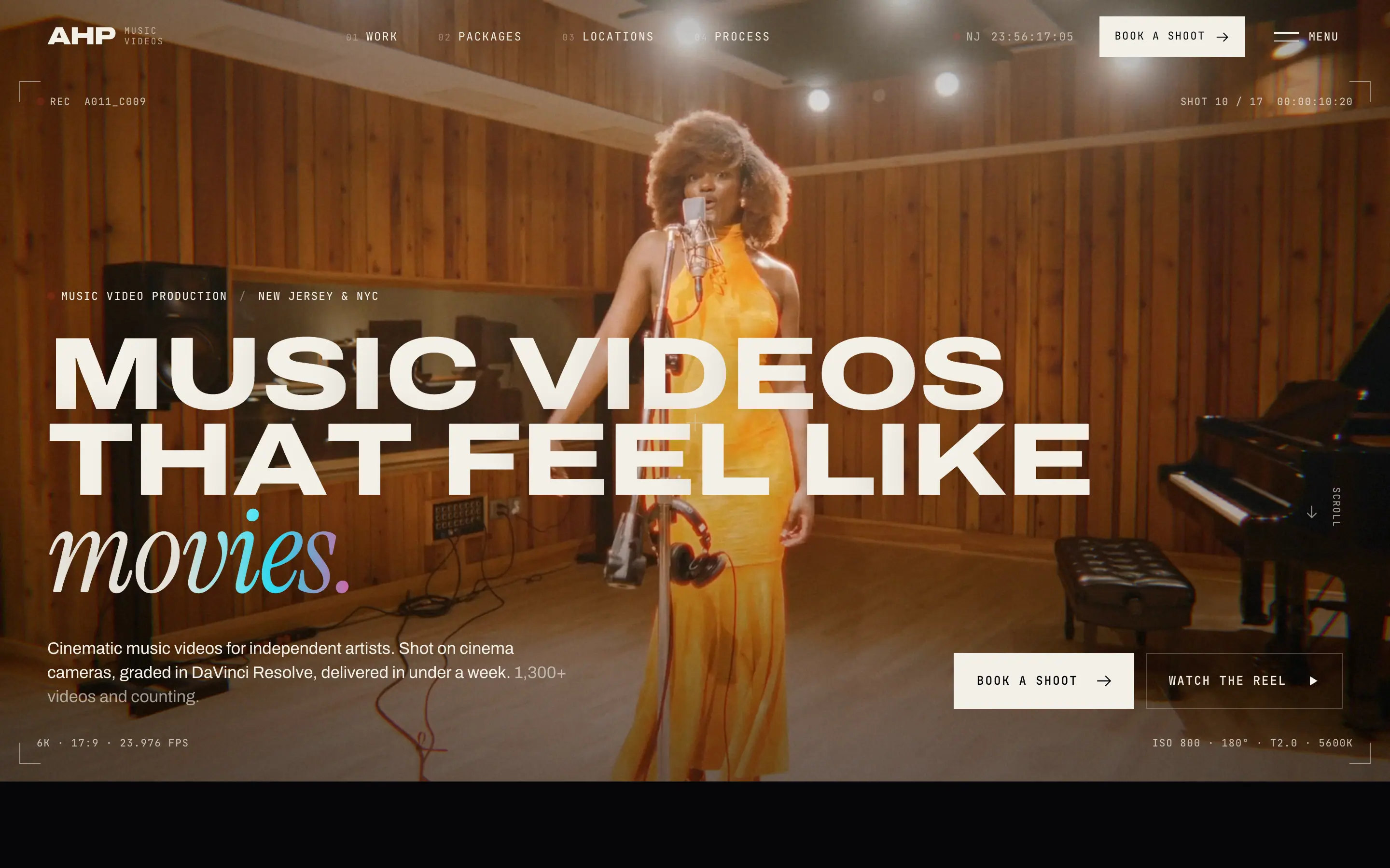 The ahpmusicvideos.com home page: “Music videos that feel like movies.” over the reel, with a camera readout