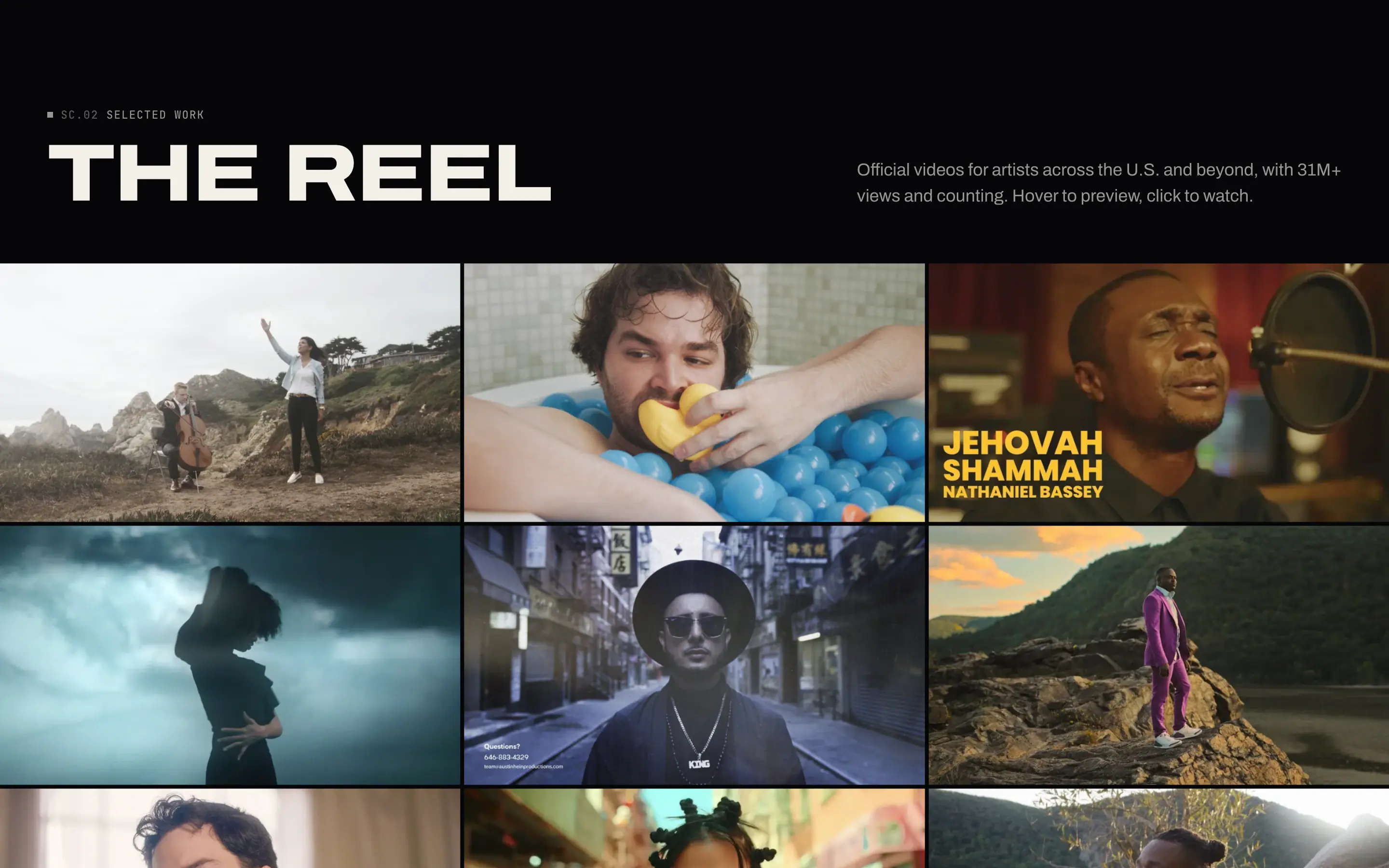 The reel: a wall of music videos, each with its artist and views