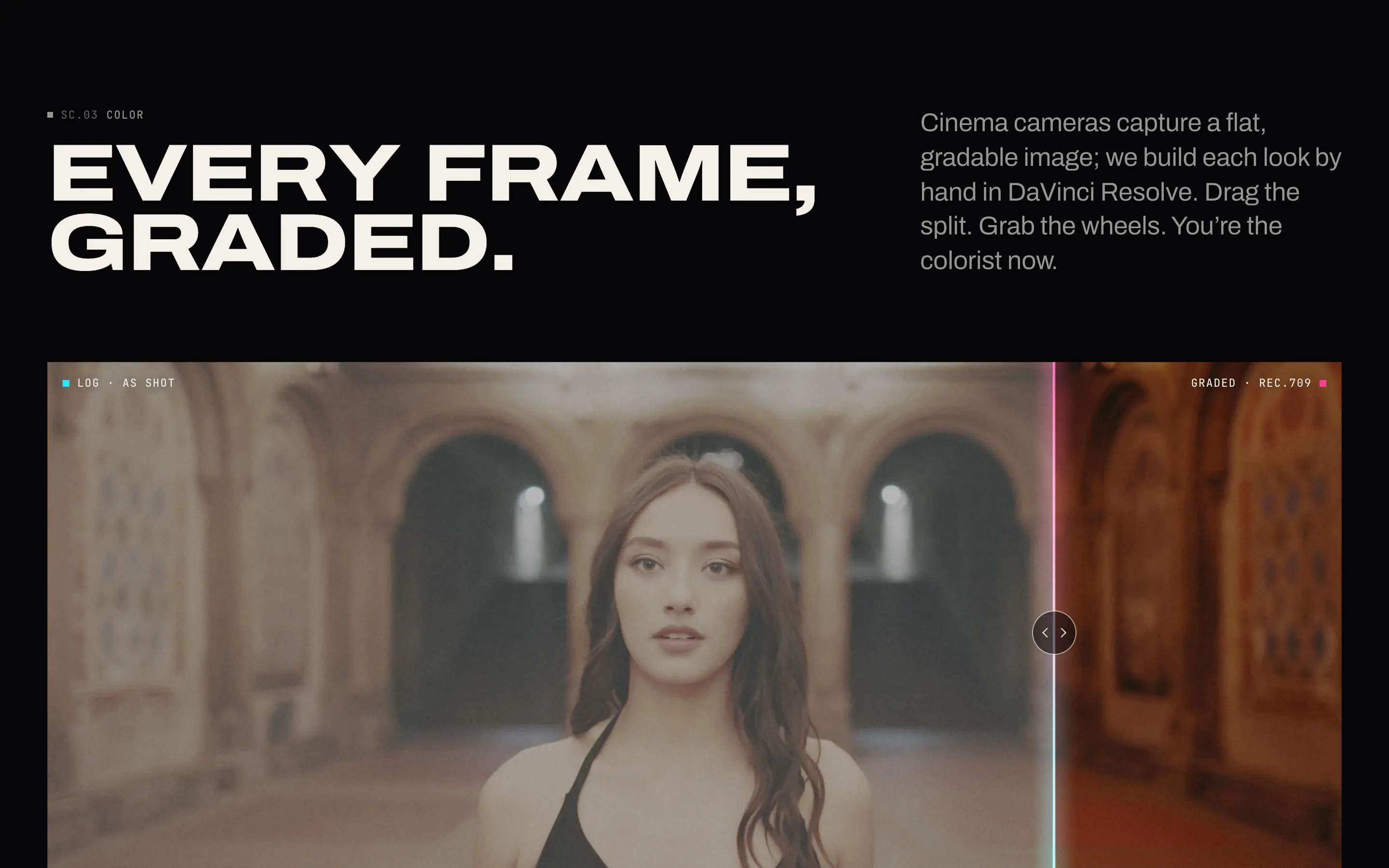 Every frame, graded: a split between the flat camera image and the finished grade, with lift, gamma and gain wheels