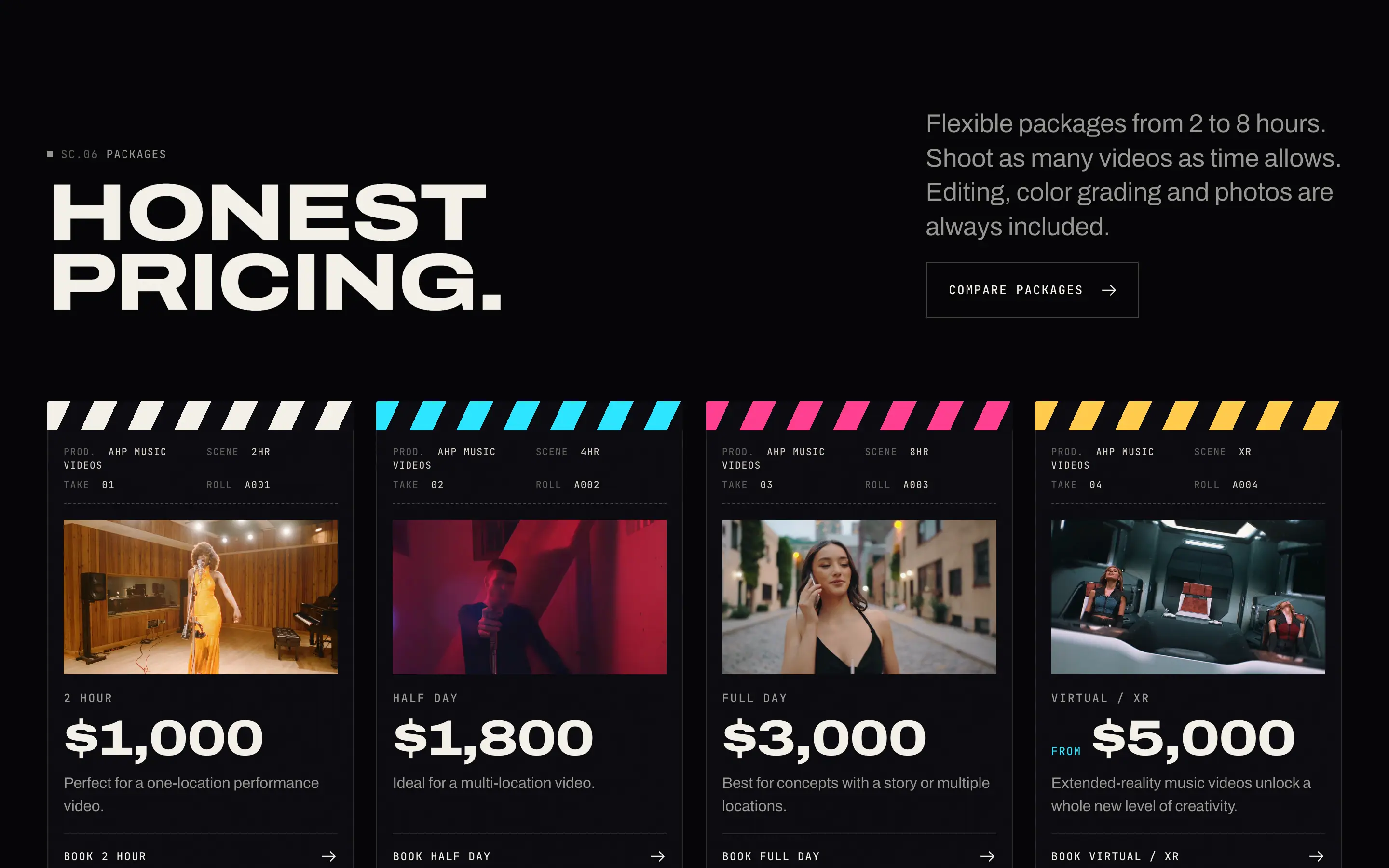 Honest pricing: the packages as clapperboards, from two hours to virtual production