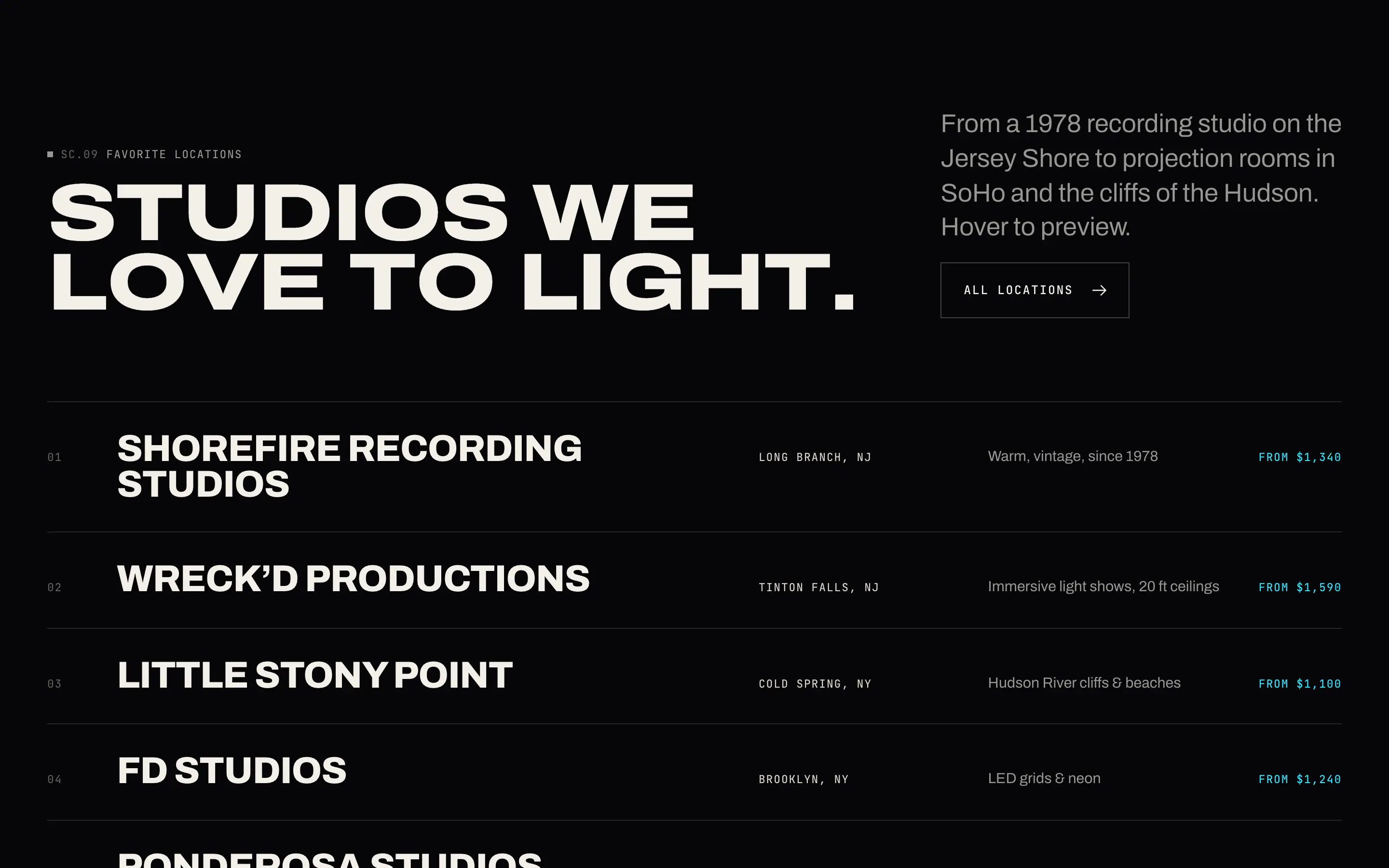 Studios we love to light: the favorite locations, with prices