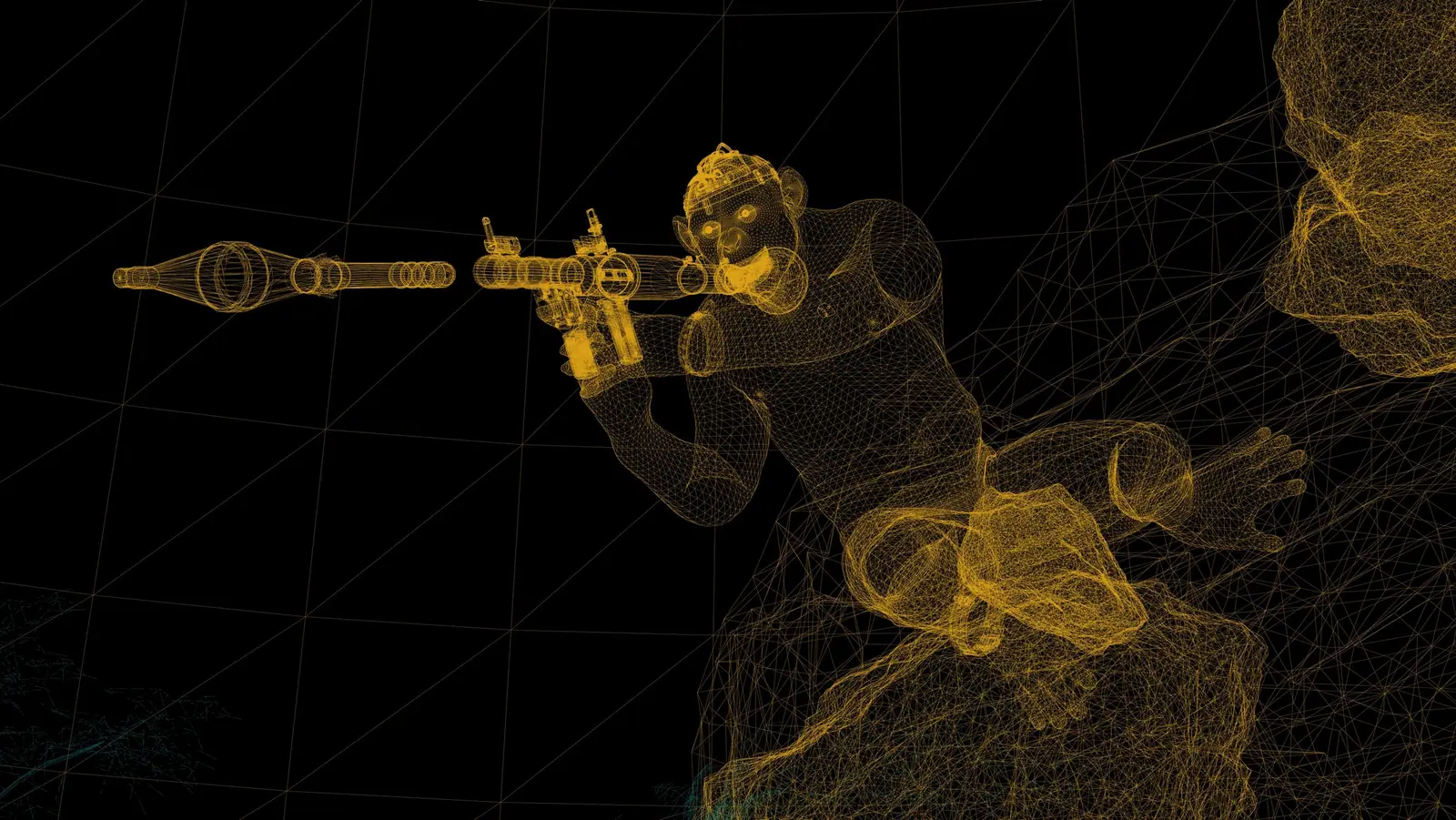 An ape firing an RPG, as a wireframe