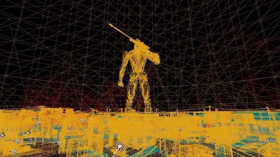 A droid with a rifle on a rooftop, as a wireframe
