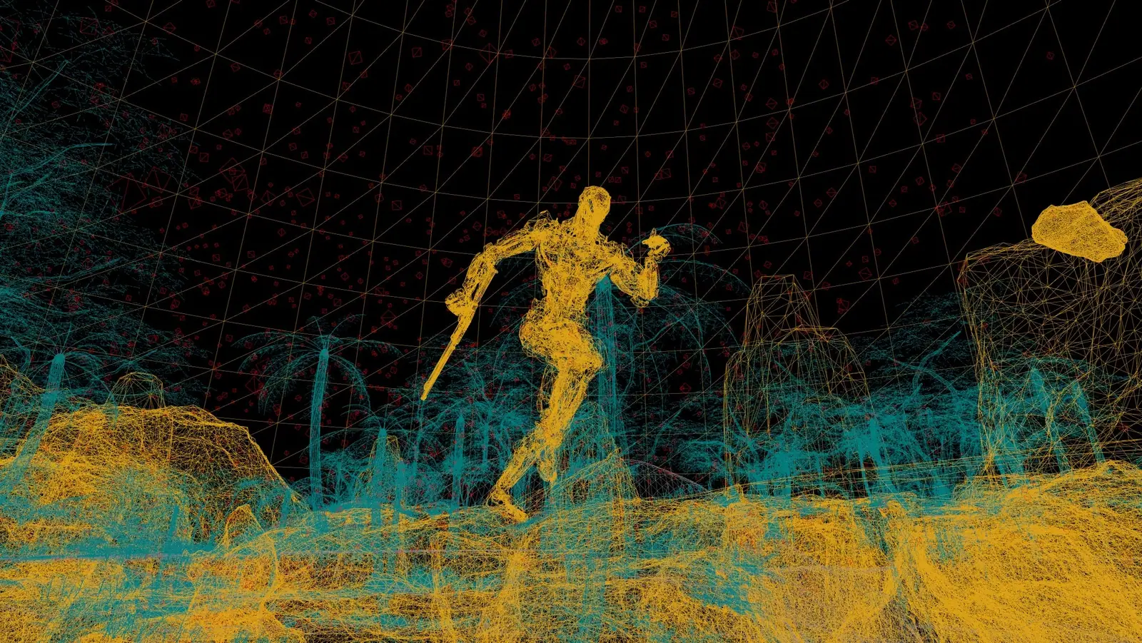 A droid running through the jungle, as a wireframe