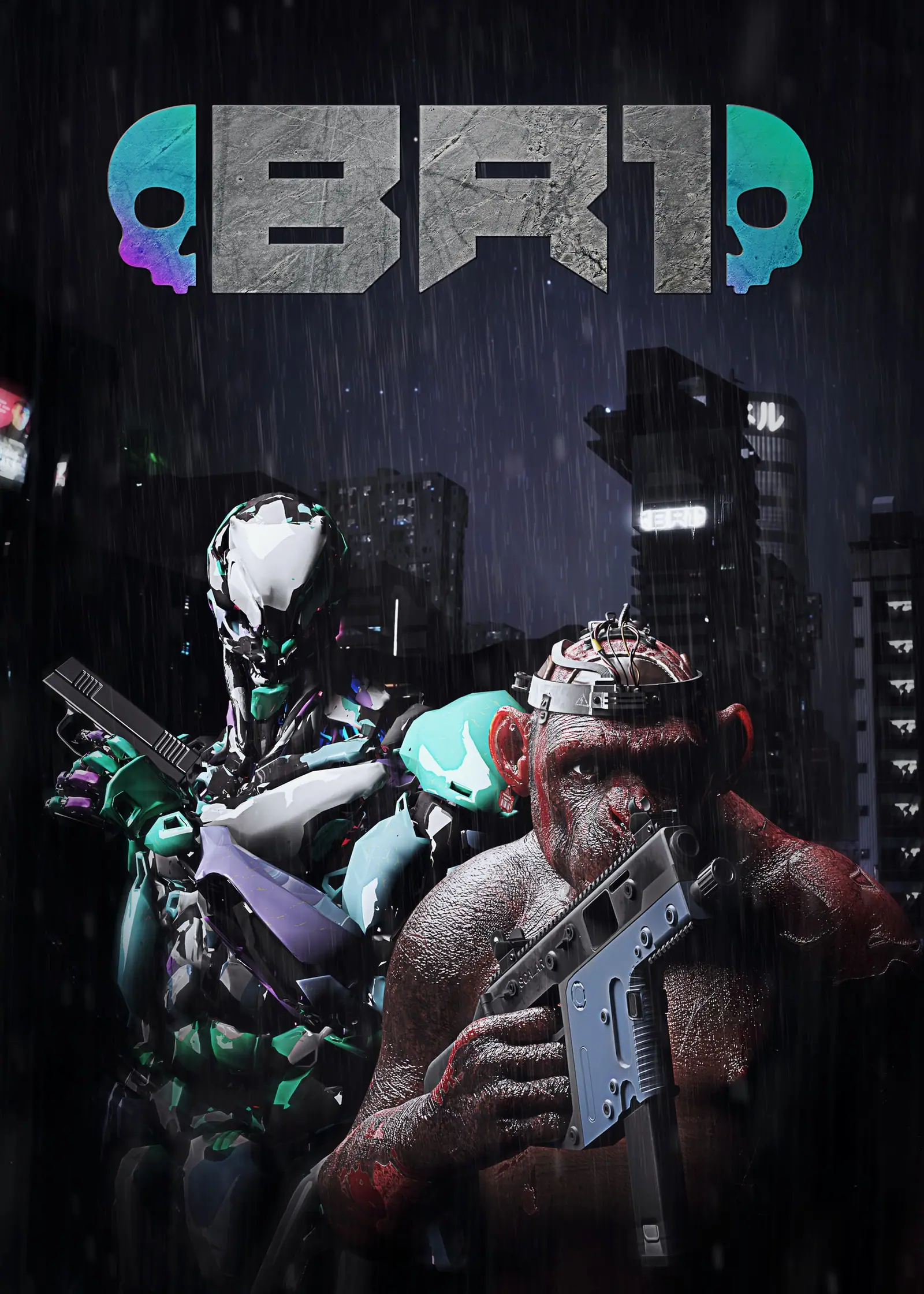 Cover concept: a droid and an ape in the rain