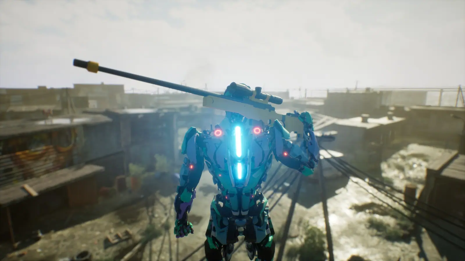 A droid with a long rifle above the slums