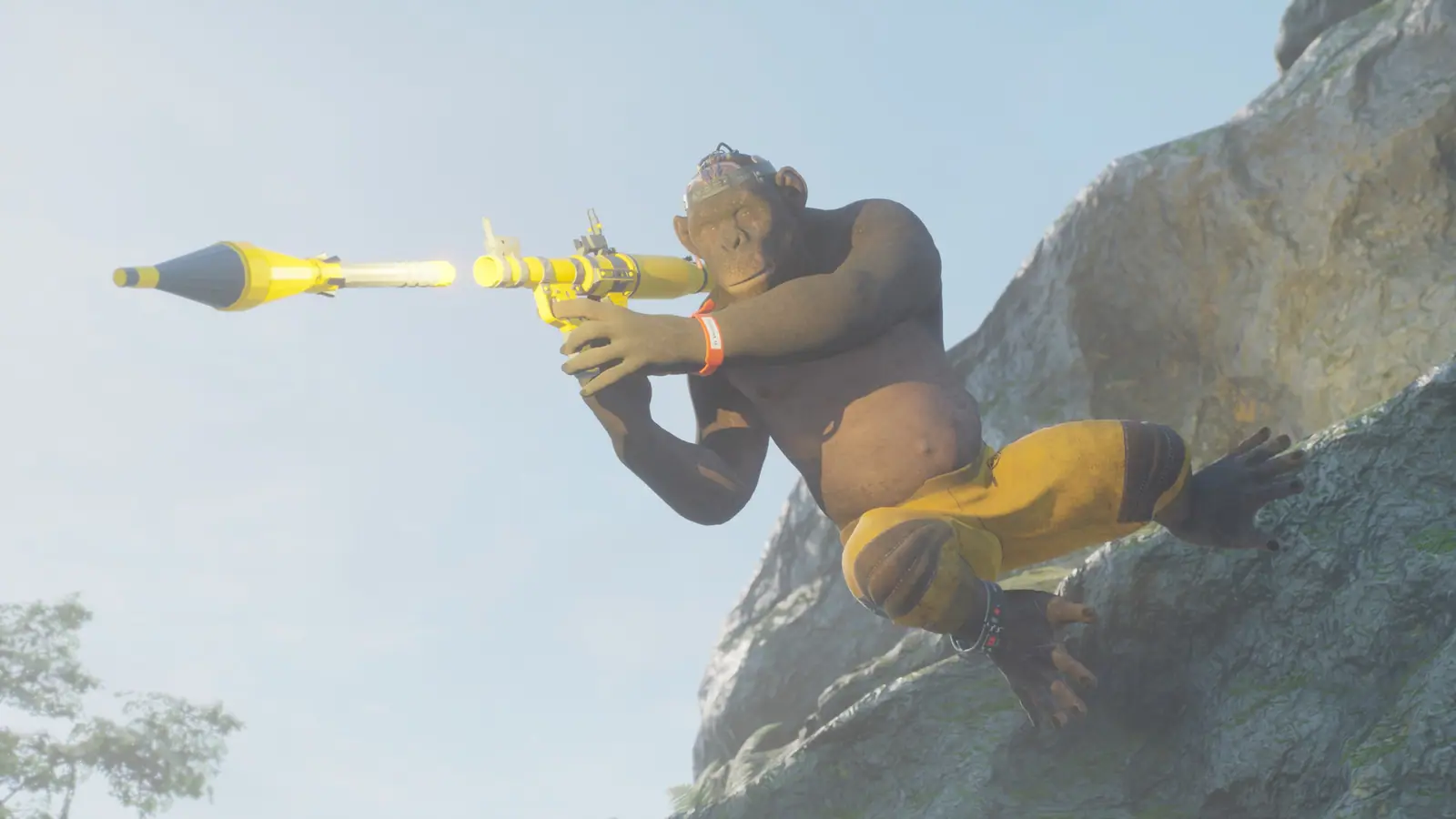 An ape firing an RPG from the jungle rocks