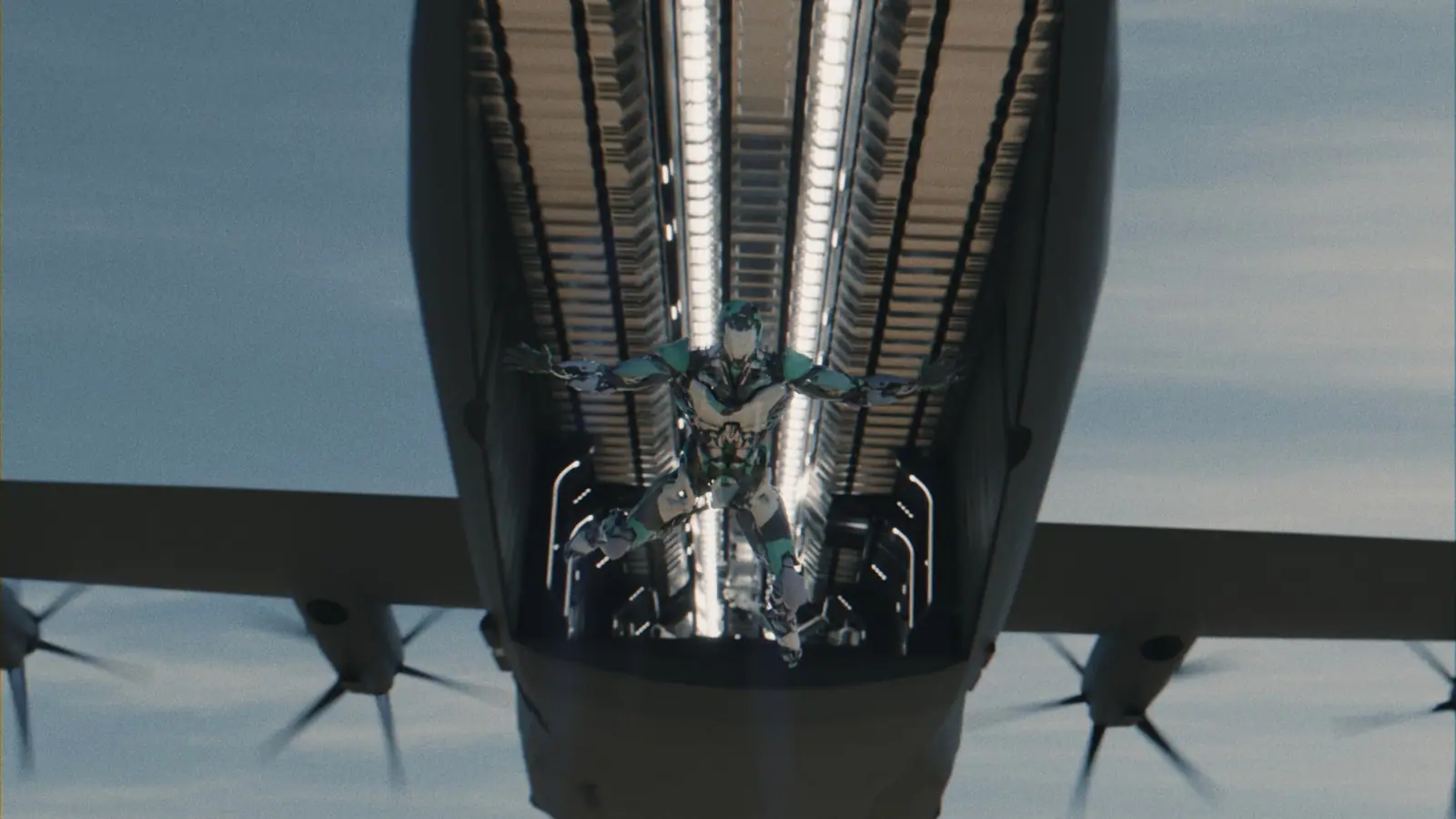 A droid dropping from the cargo ramp