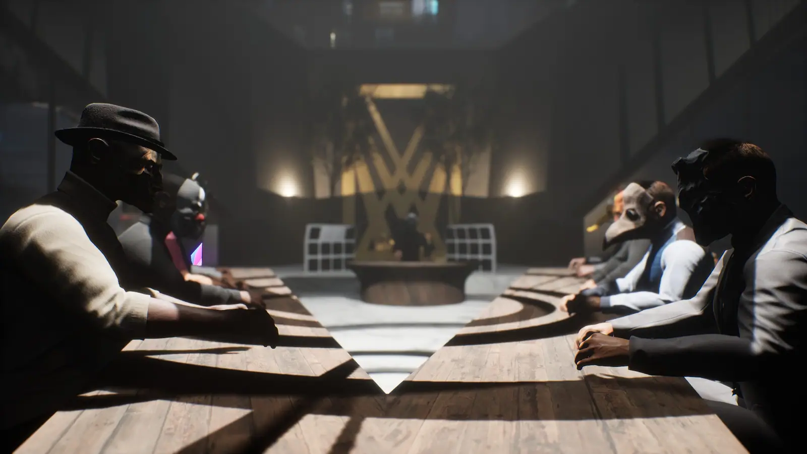 The masked council at the long table