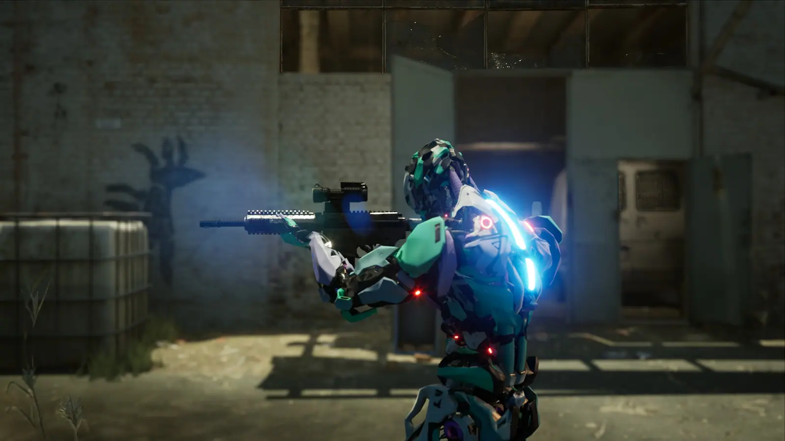 A droid firing in an industrial yard