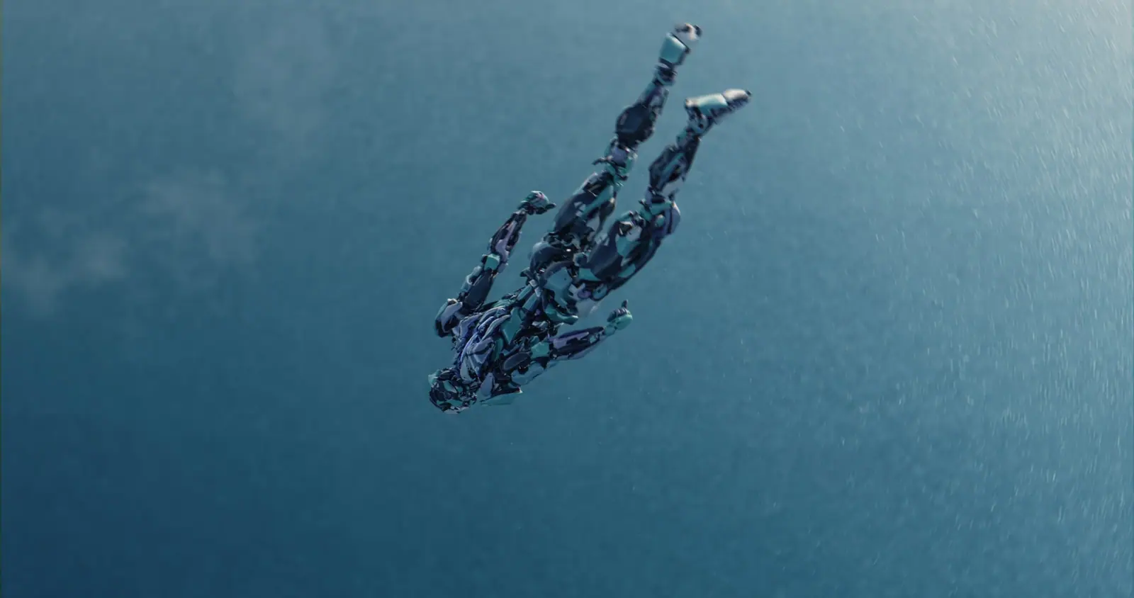 A droid diving toward the sea