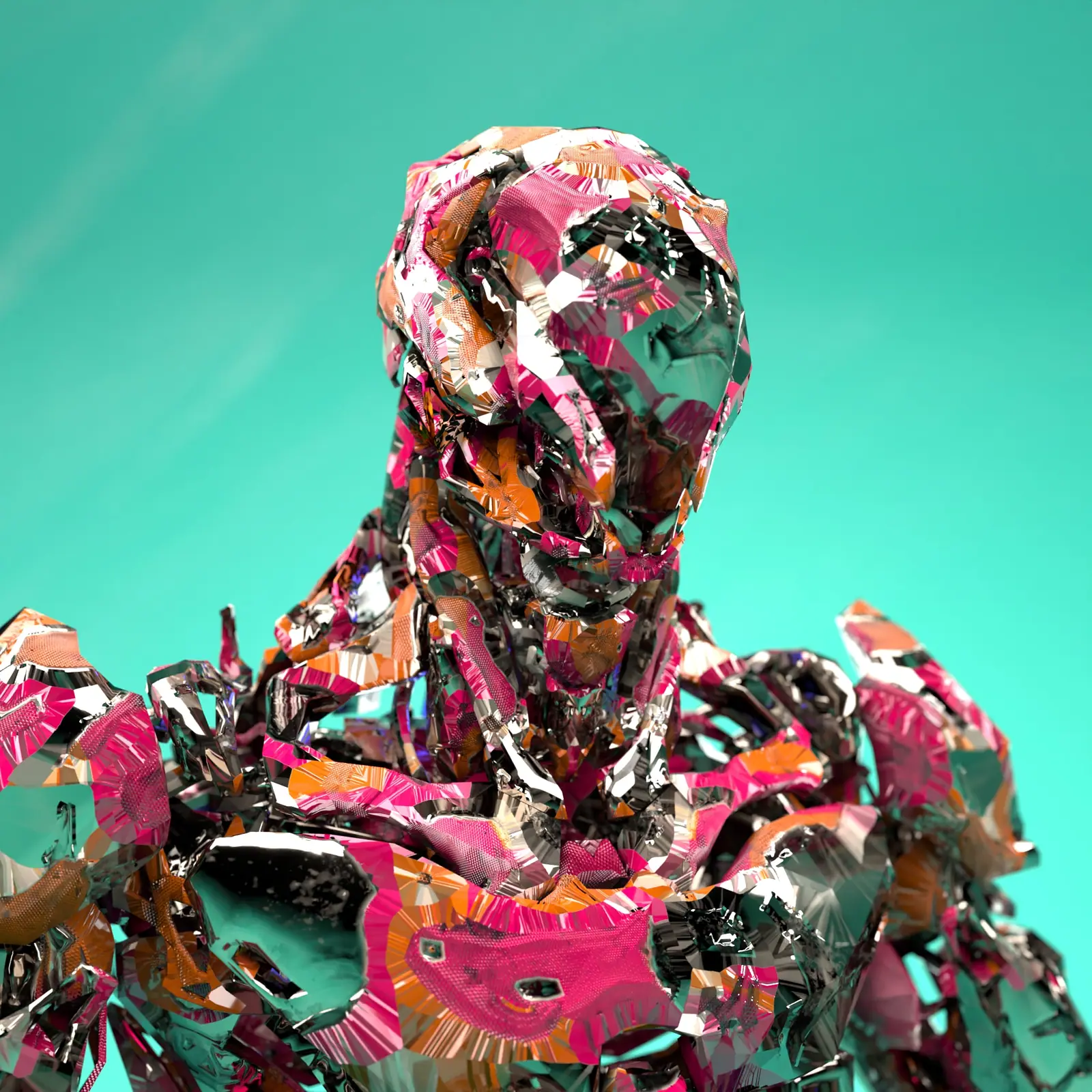 A droid portrait in pink and teal