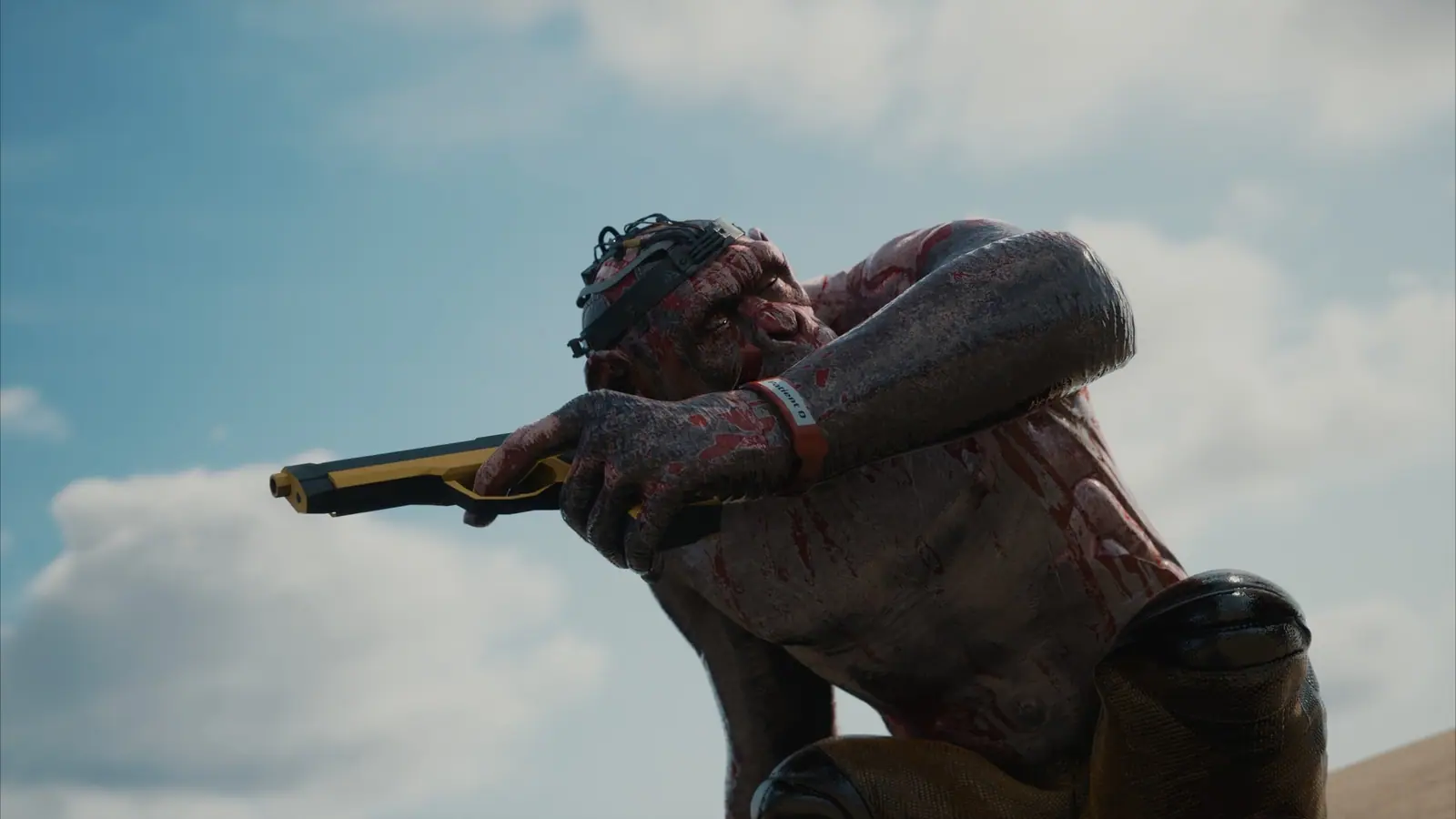 A wounded ape with a gun on the beach