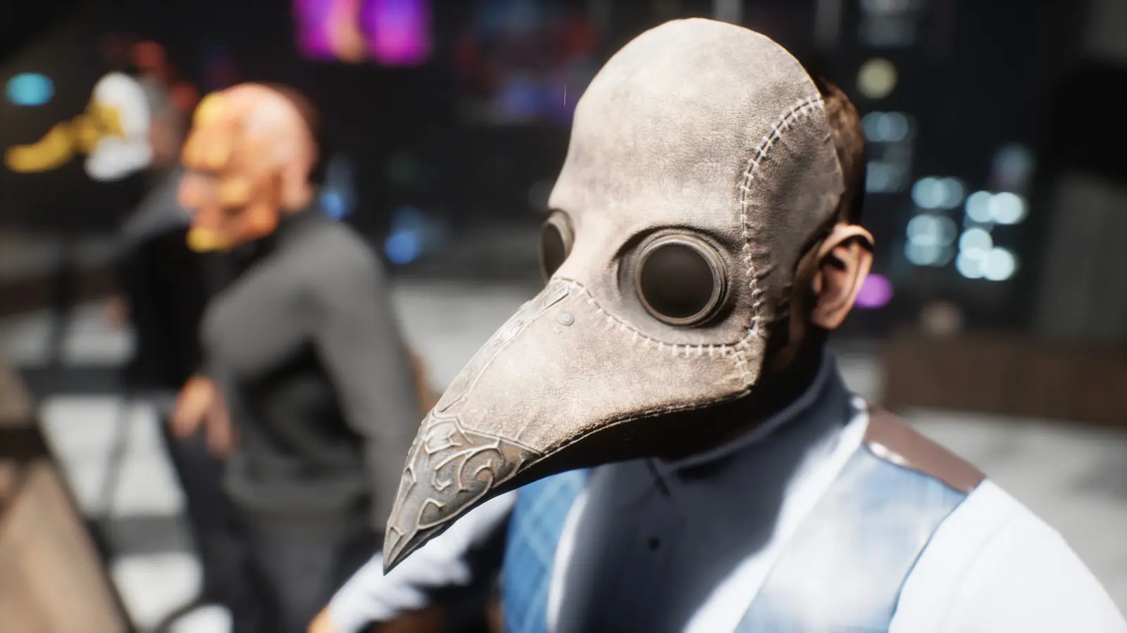 A council member in a plague-doctor mask