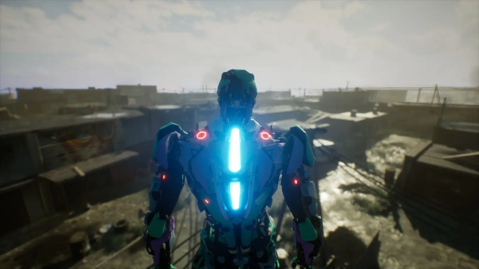 A droid glowing above the slums