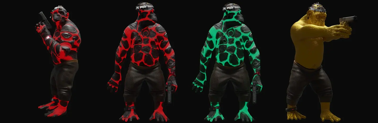 Four ape colourways