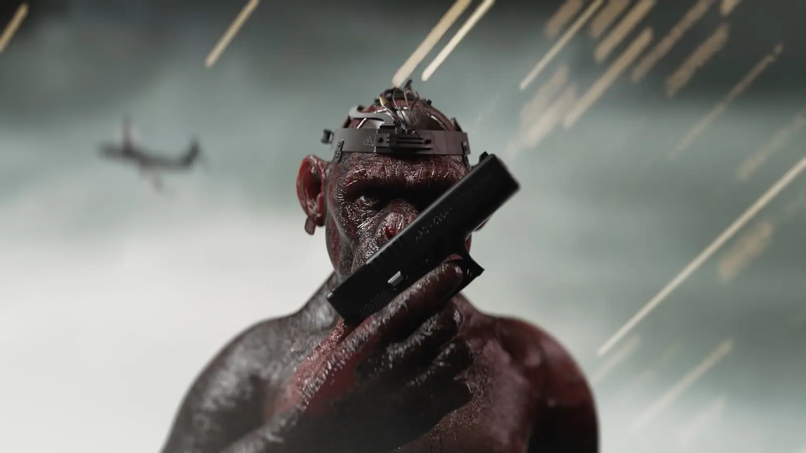 An ape with a pistol, close