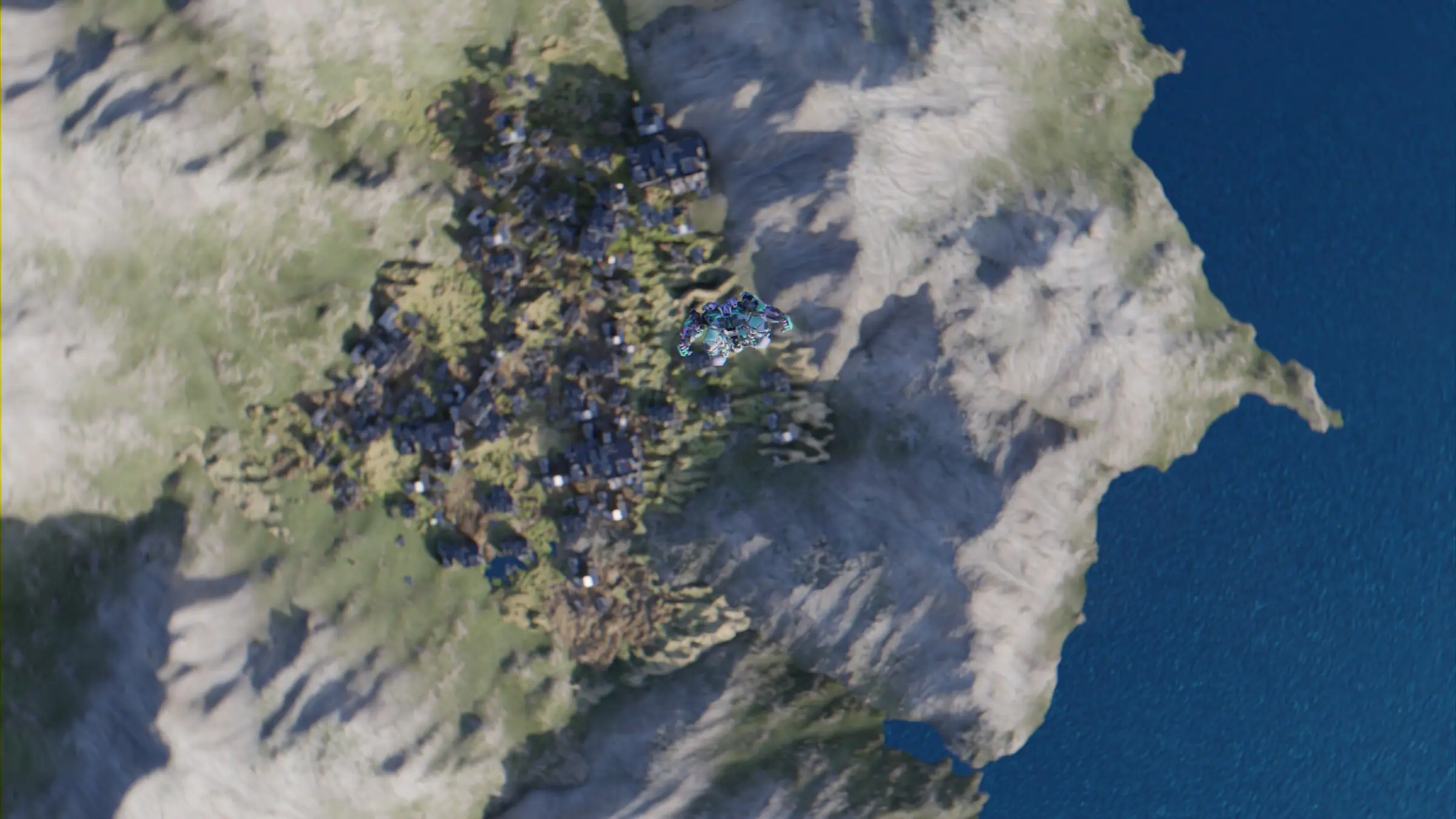 The island's city and coast, from above