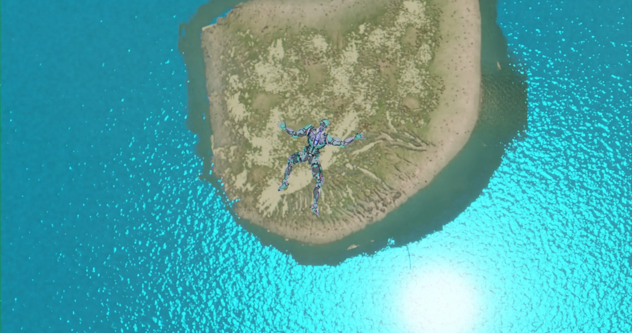 A droid skydiving toward the island