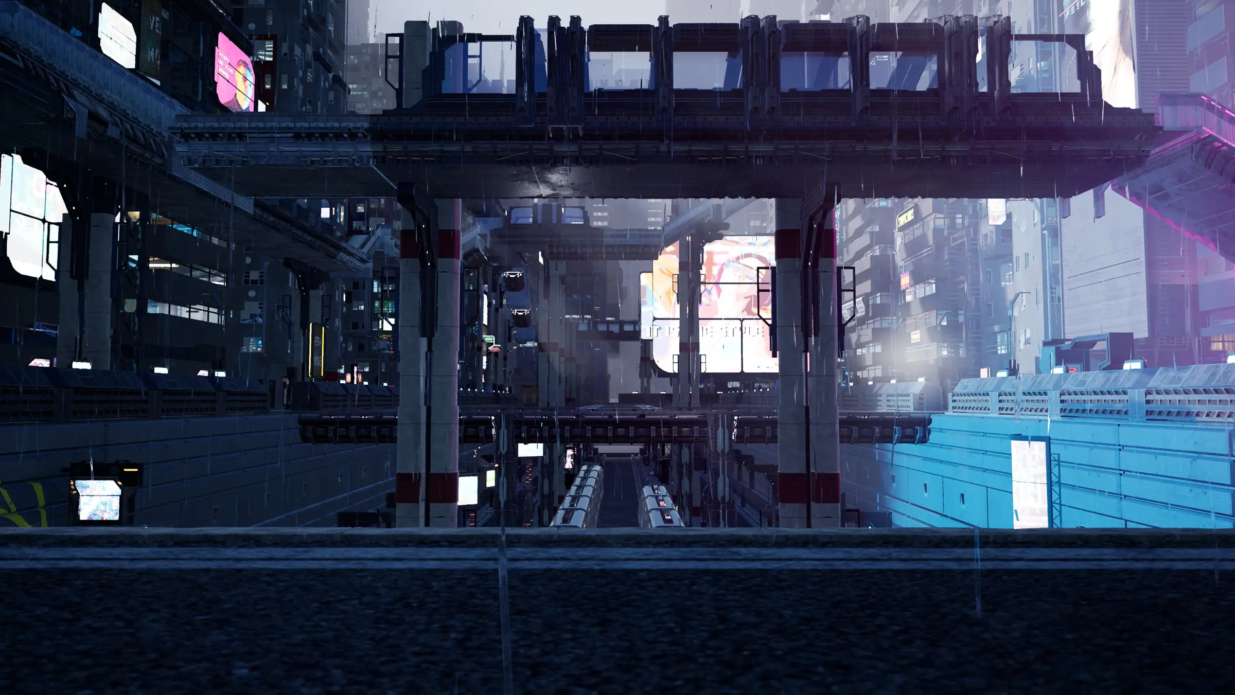 An elevated metro station in the neon city