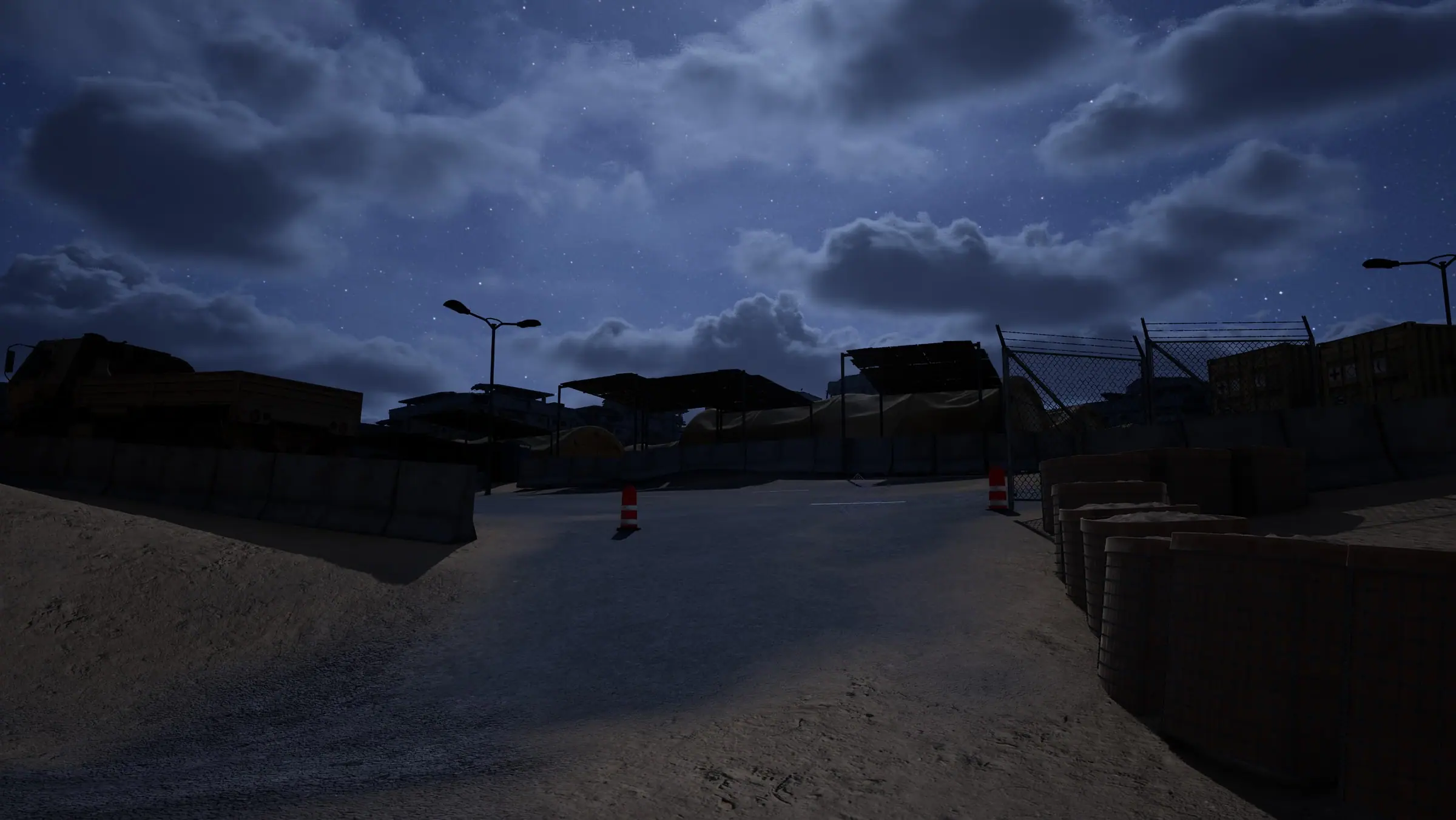 The military base at night, under storm clouds