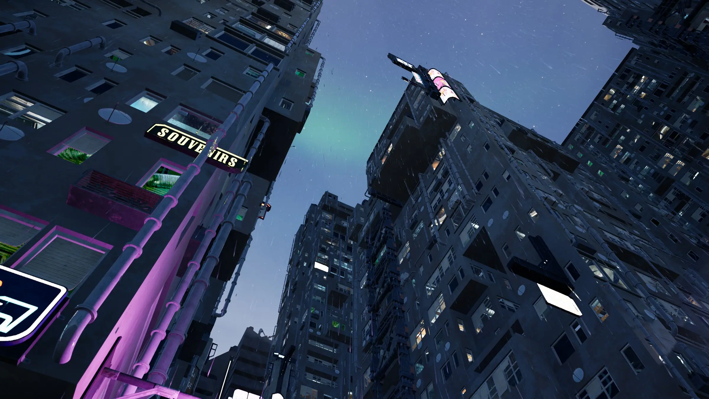Towers and an aurora over the neon city
