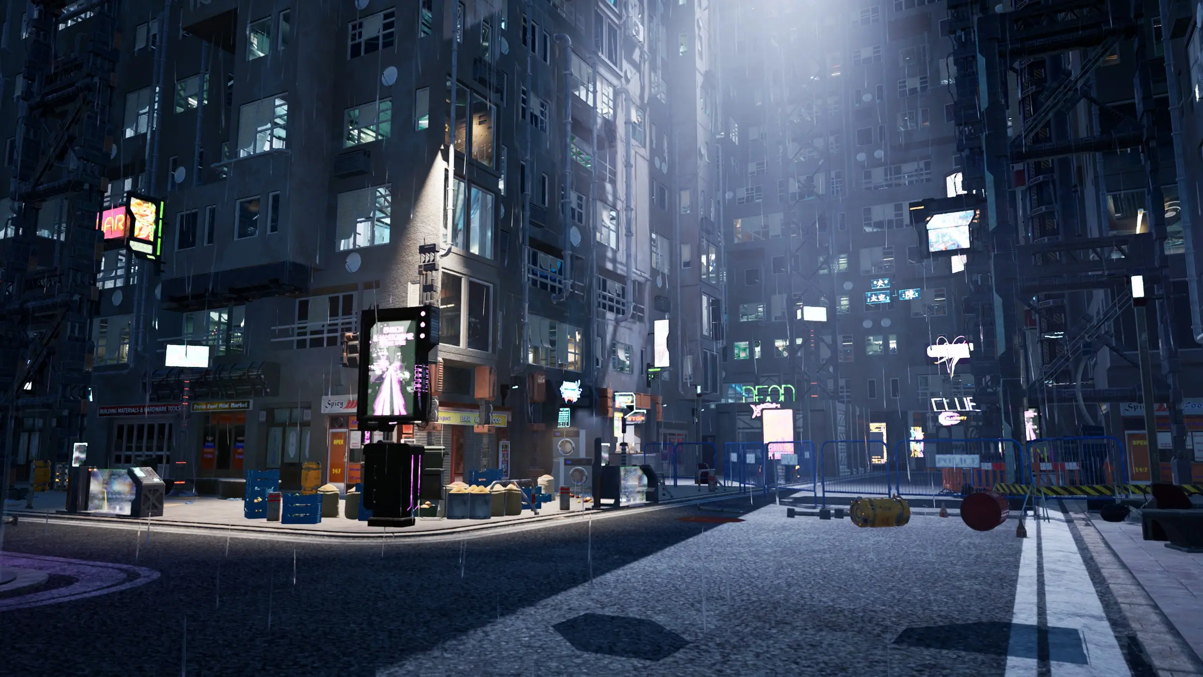 A street corner in the neon city at night