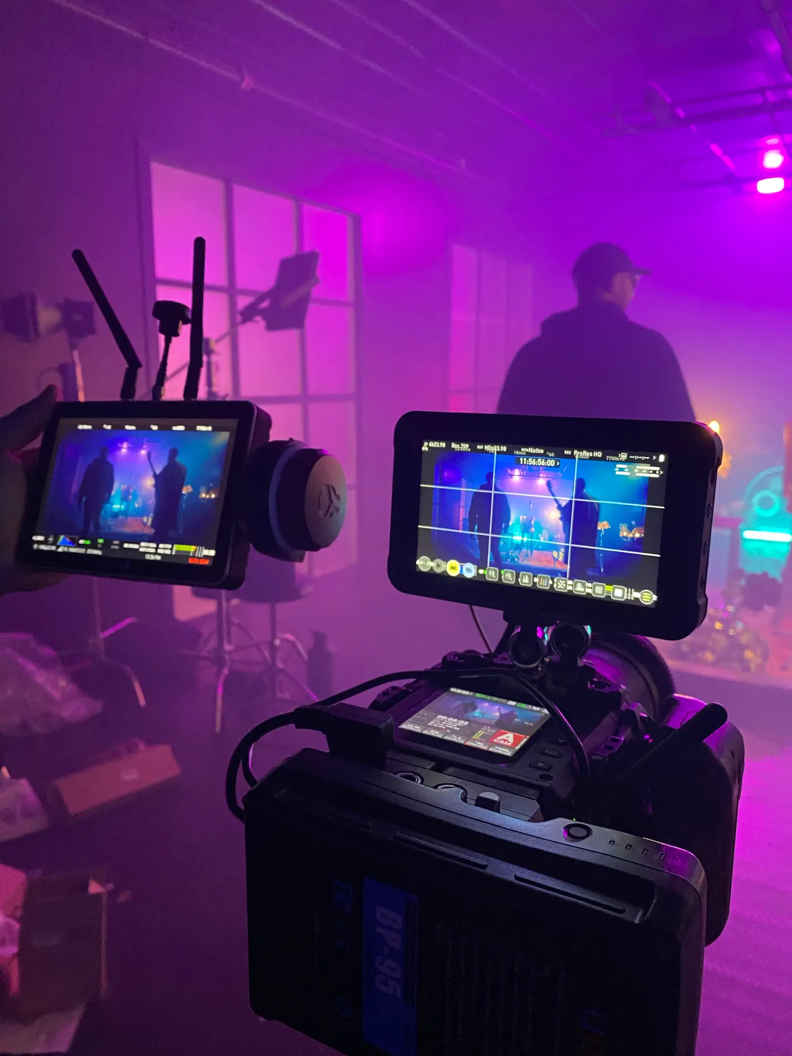 Two monitors on the rig, a band set in purple haze