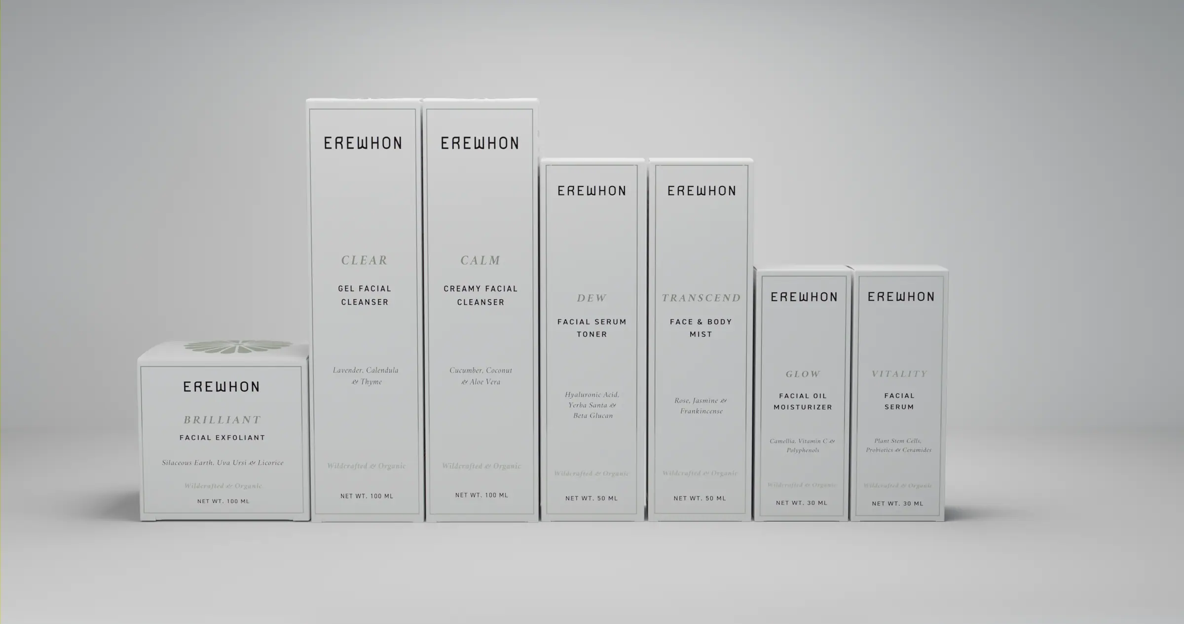 Seven Erewhon skincare boxes on white