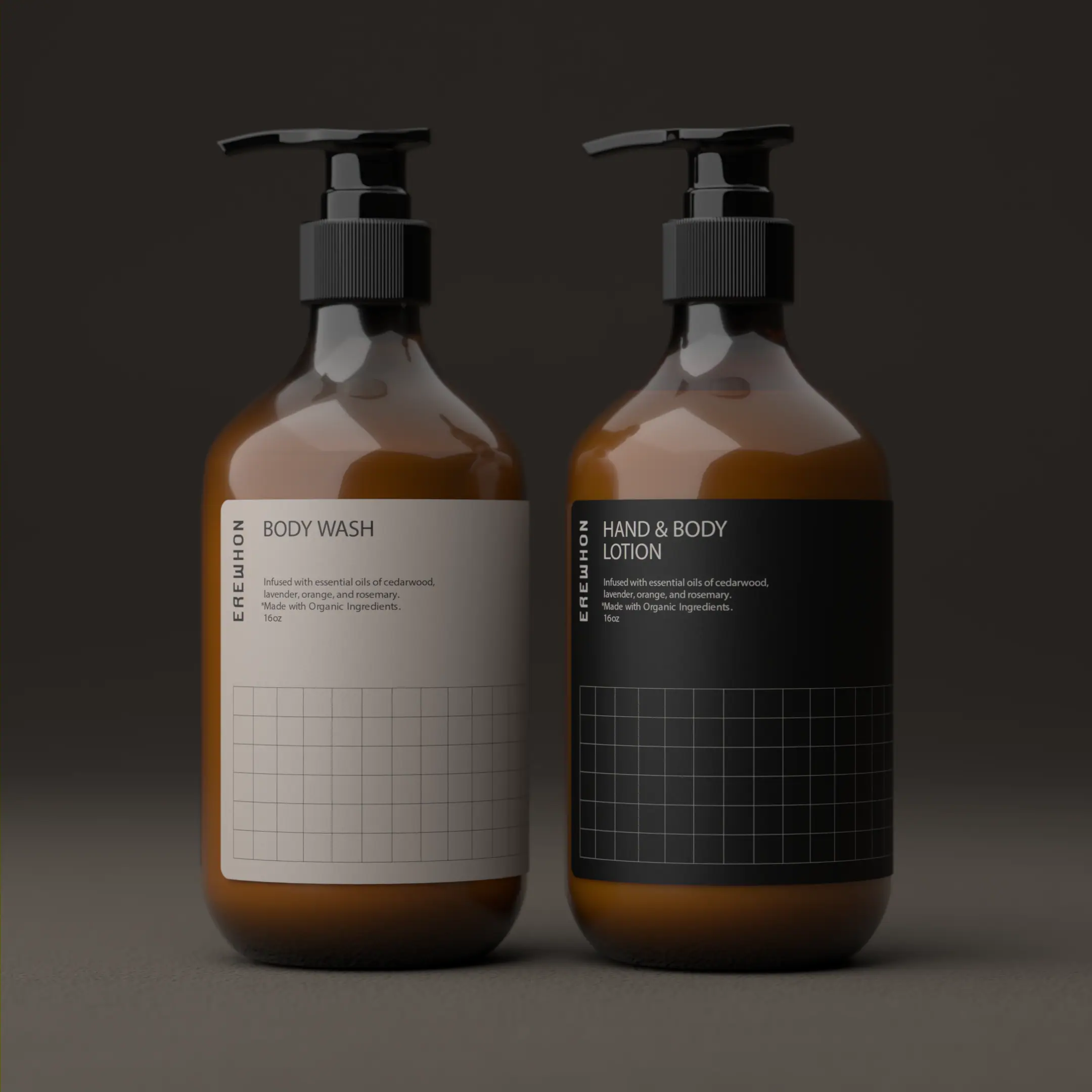 Erewhon Body Wash and Hand & Body Lotion on a dark set