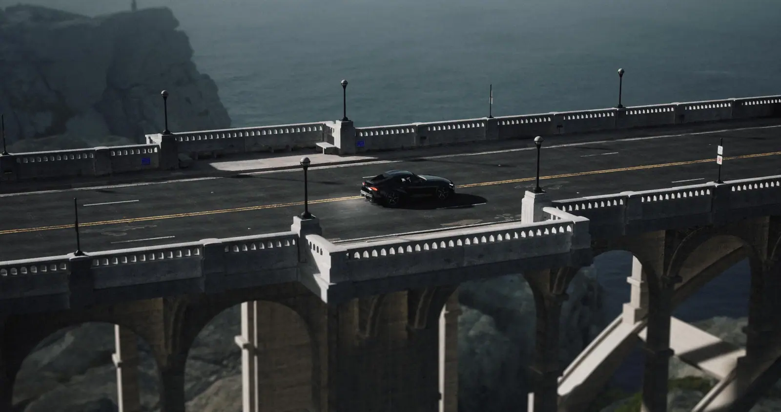 A black Supra crossing a stone bridge high above the sea, rendered in Unreal Engine