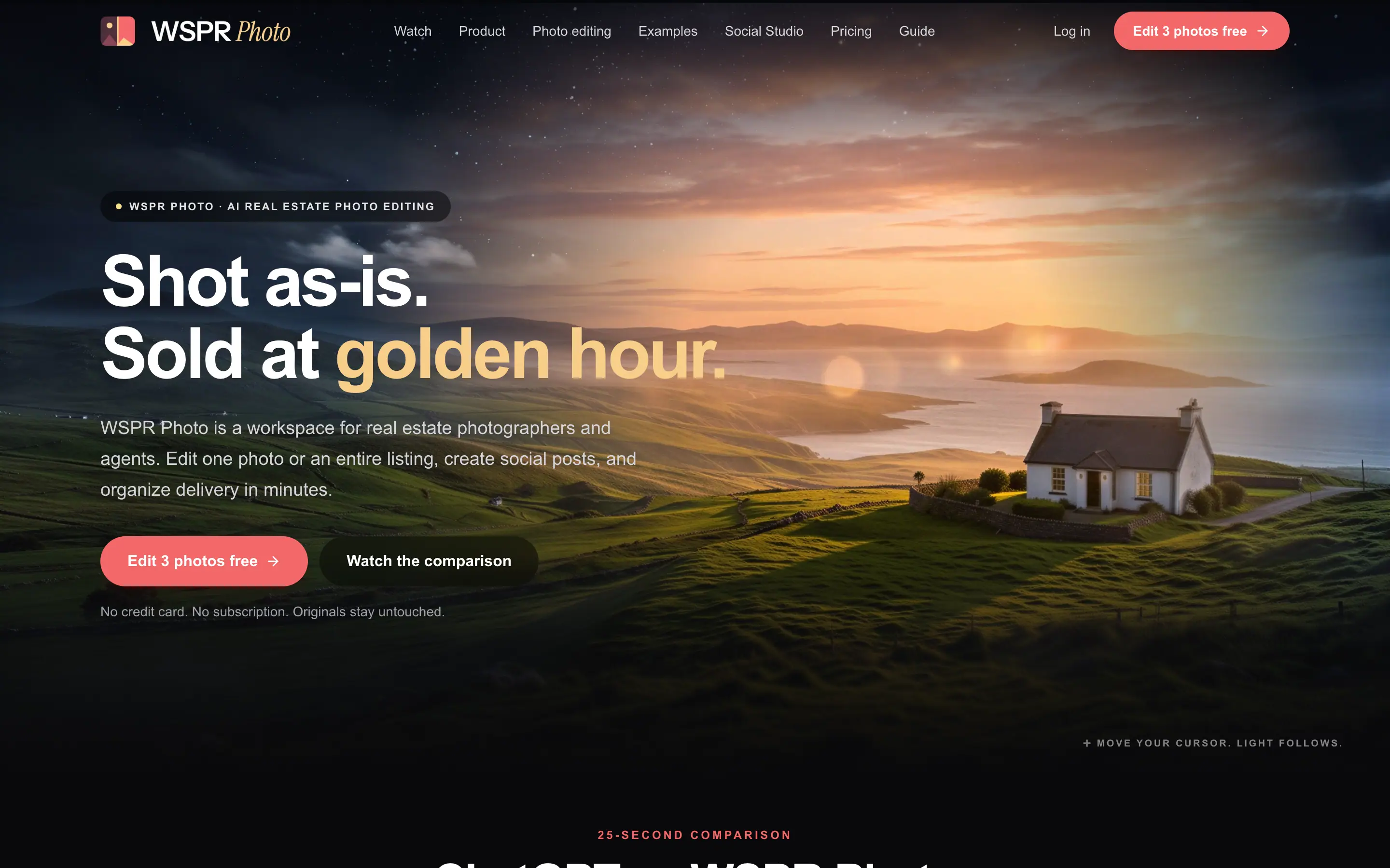 The wsprphoto.com home page: “Shot as-is. Sold at golden hour.” over a farmhouse at sunset