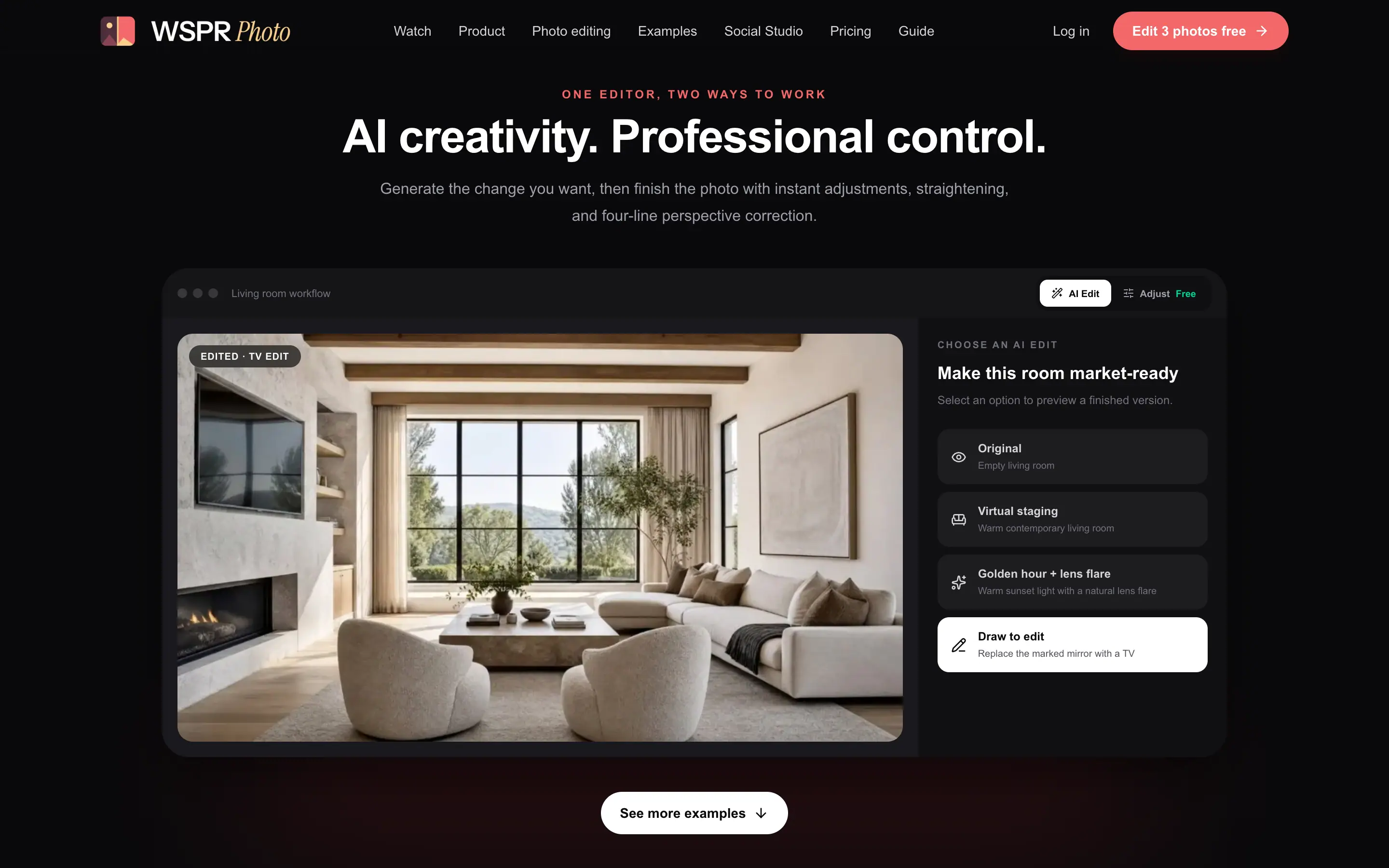The editor: a living room with AI edit options (virtual staging, golden hour, draw to edit)