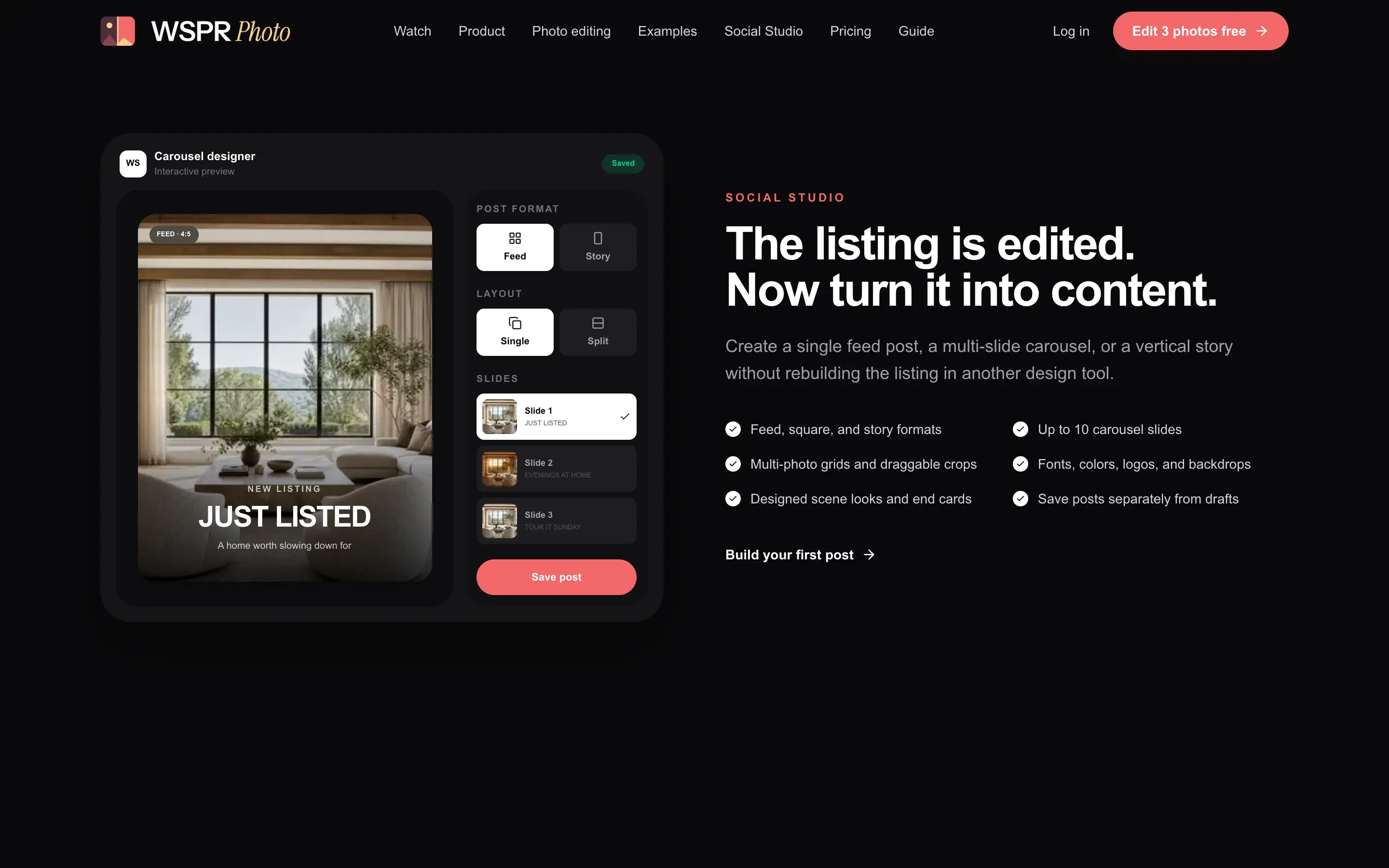 The social studio: a carousel designer turning a listing into a “Just listed” post