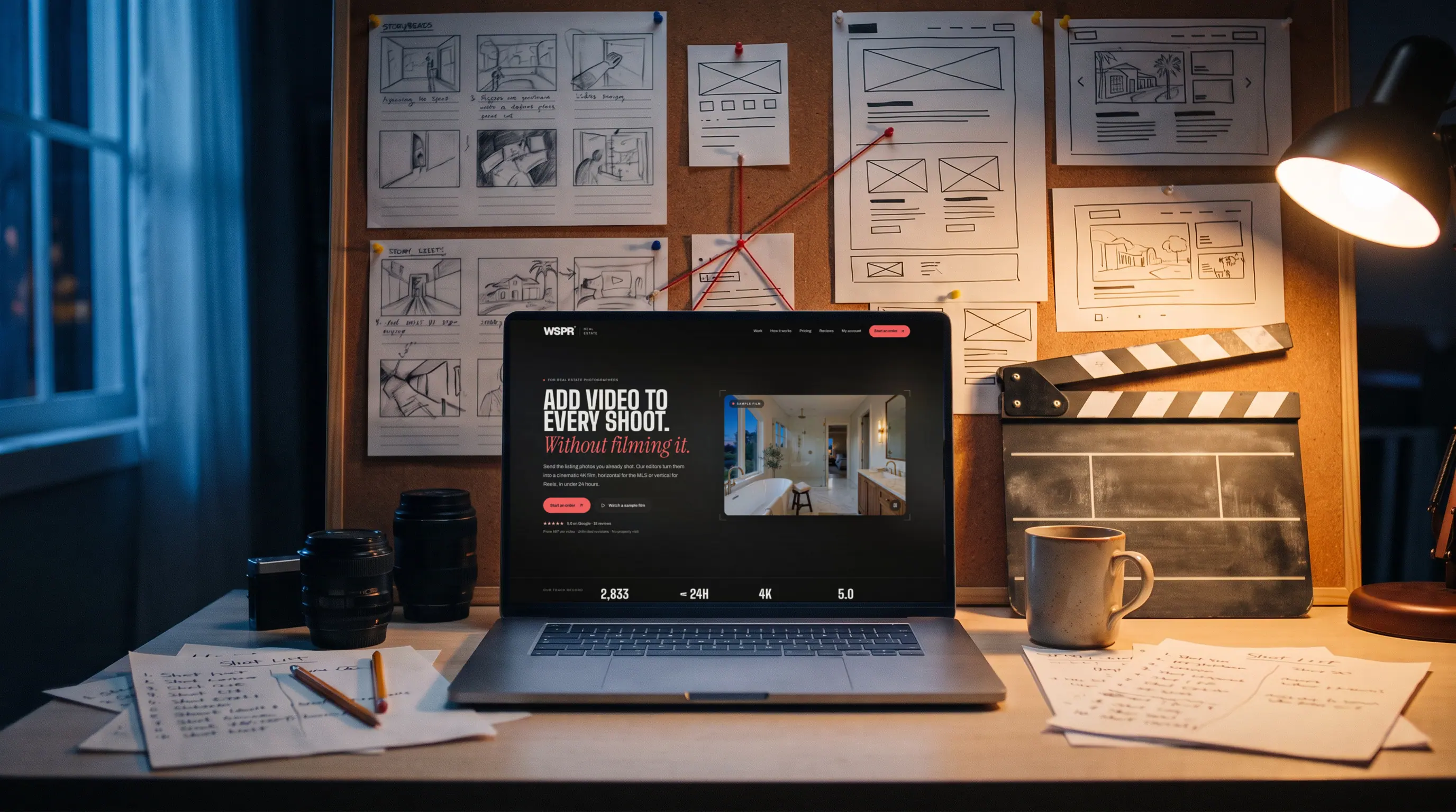 A desk at night with storyboards of web pages pinned up behind a laptop showing the WSPR Real Estate website
